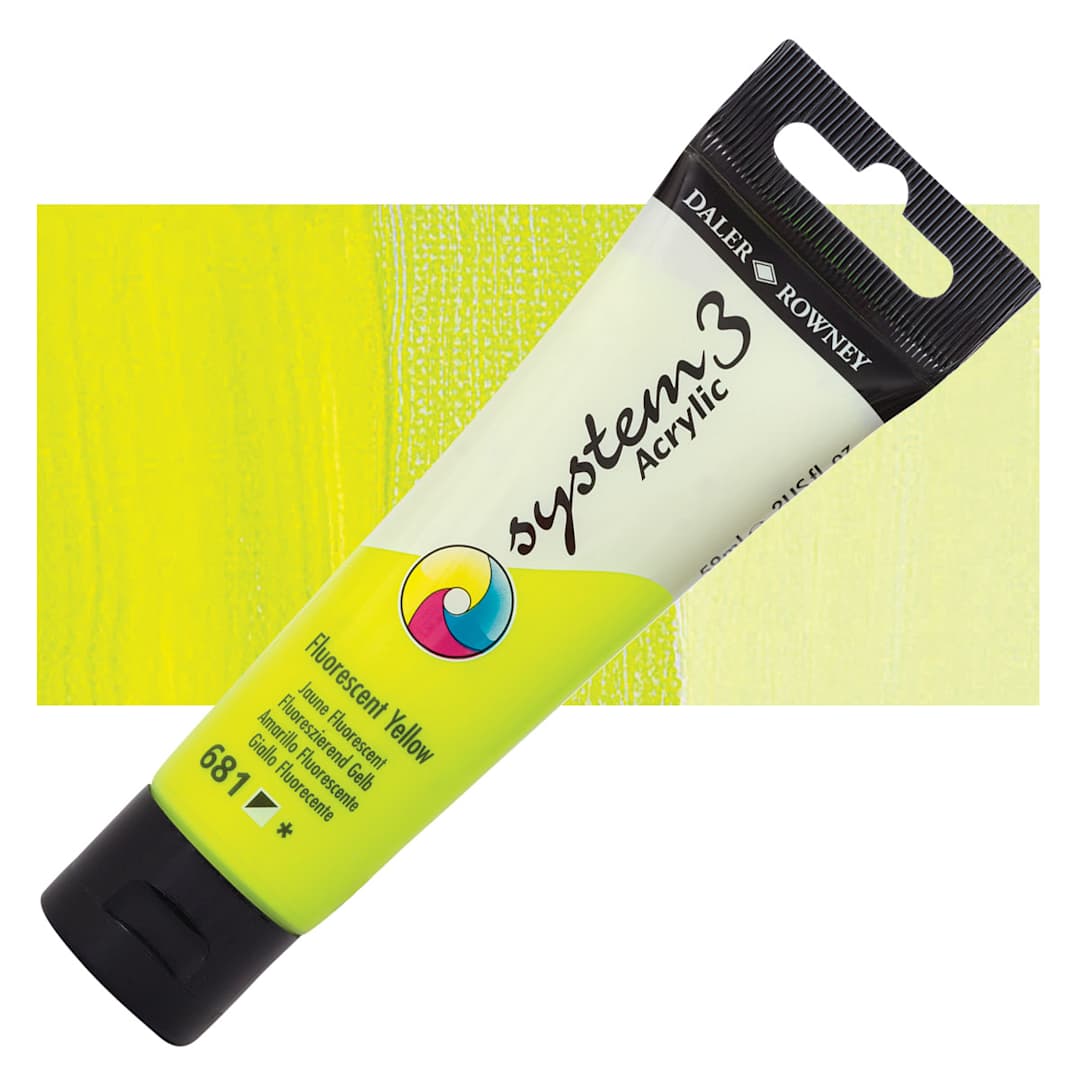 Open in modal - Daler-Rowney System3 Acrylic - Fluorescent Yellow, 59 ml tube and swatch
