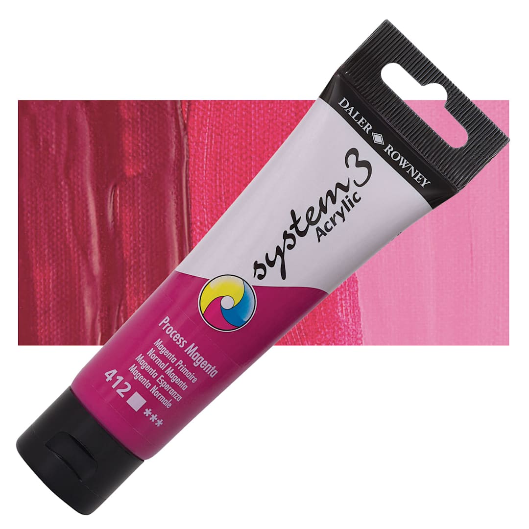 Open in modal - Daler-Rowney System3 Acrylic - Process Magenta, 59 ml tube and swatch