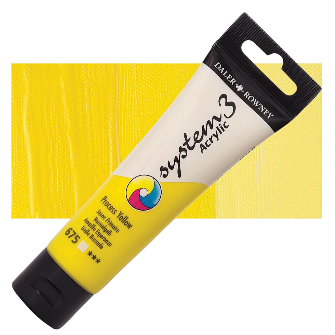 Open in modal - Daler-Rowney System3 Acrylic - Process Yellow, 59 ml tube and swatch