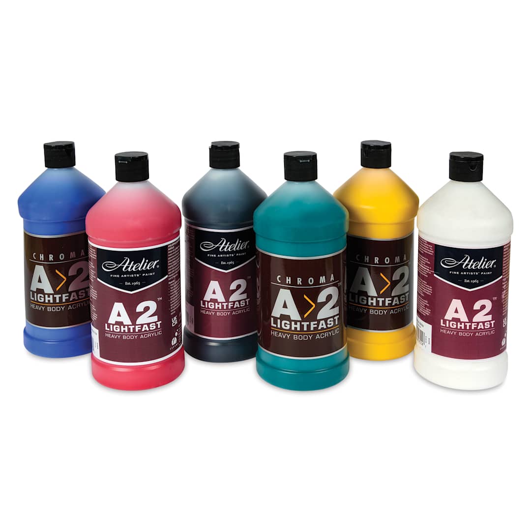 Open in modal - Chroma Atelier A2 Lightfast Heavy Body Acrylic Paints - Set of 6, Assorted Colors, 1 L Bottles