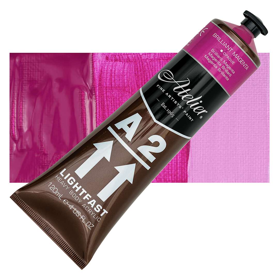 Open in modal - Chroma A2 Student Acrylic - Brilliant Magenta, 120 ml tube and swatch