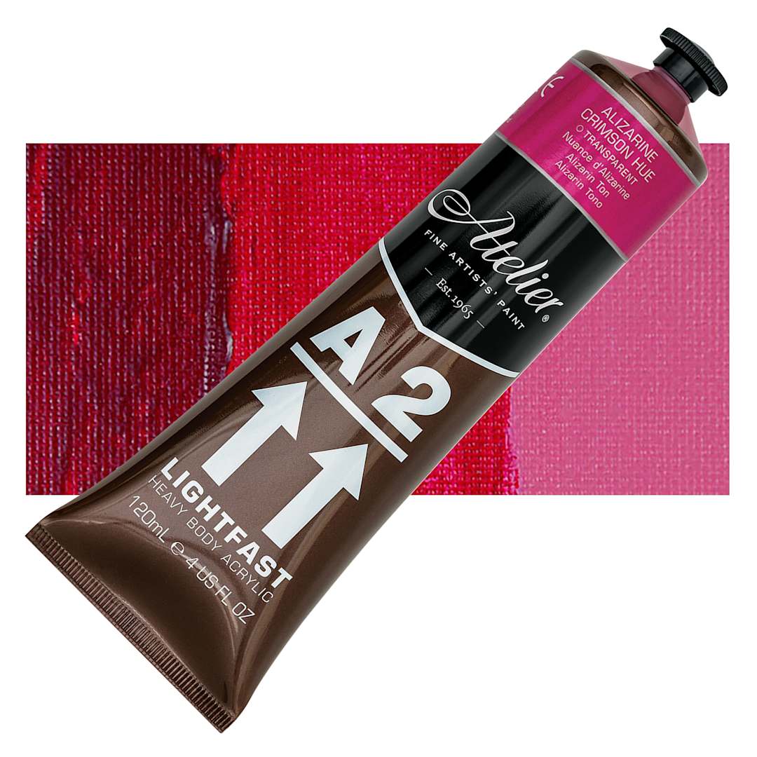 Open in modal - Chroma A2 Student Acrylic - Alizarine Crimson Hue, 120 ml tube and swatch