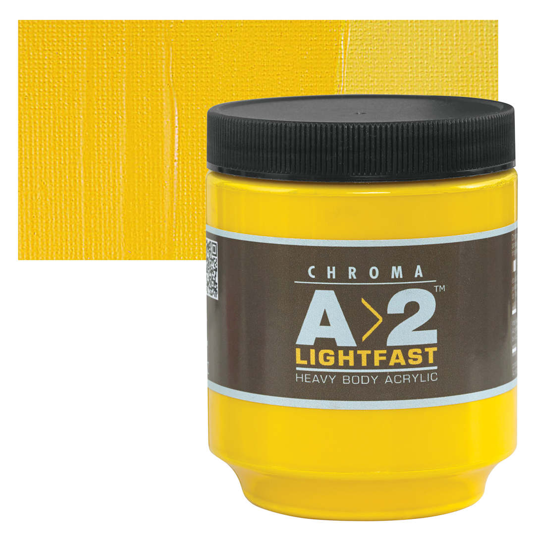 Open in modal - Chroma A2 Student Acrylic - Cadmium Yellow Medium Hue, 250 ml jar and swatch