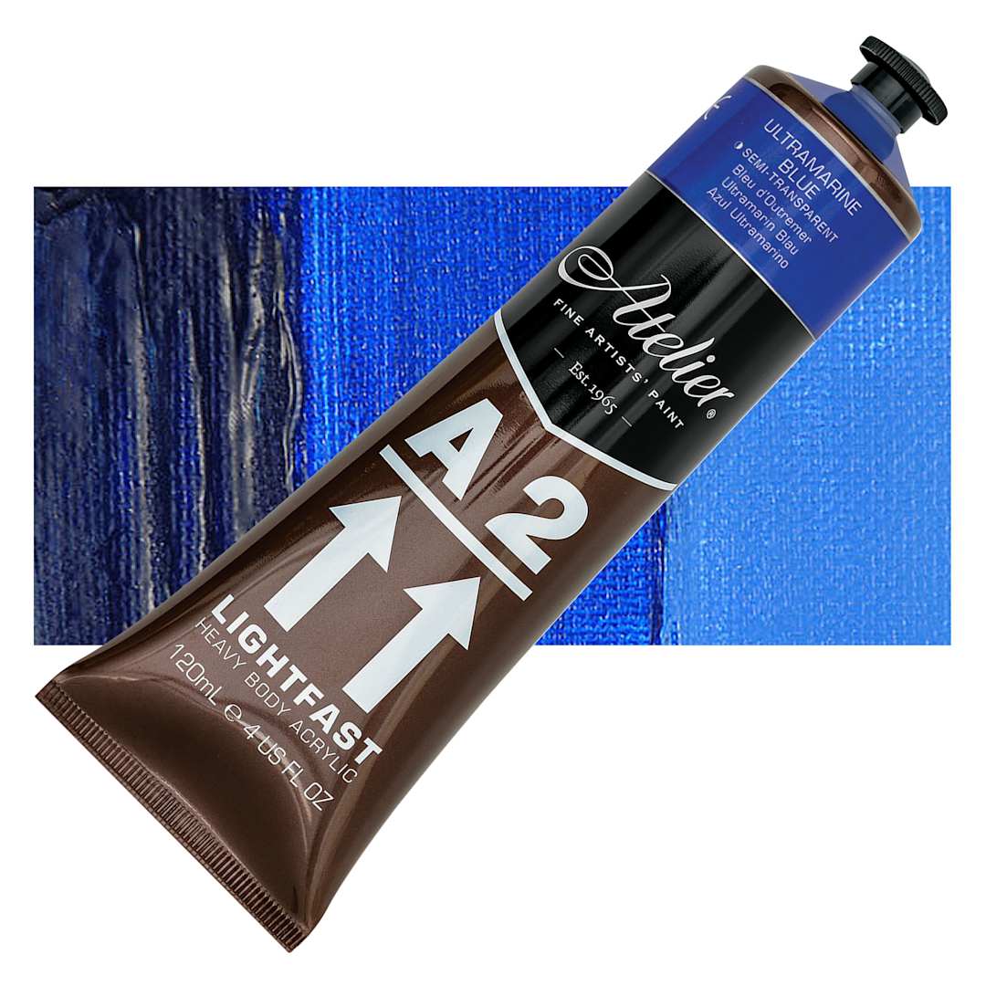 Open in modal - Chroma A2 Student Acrylic - Ultramarine Blue, 120 ml tube and swatch