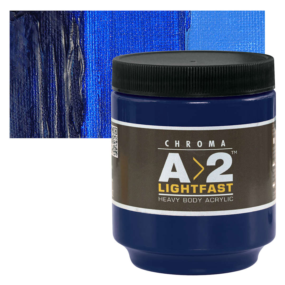 Open in modal - Chroma A2 Student Acrylic - Ultramarine Blue, 250 ml jar and swatch