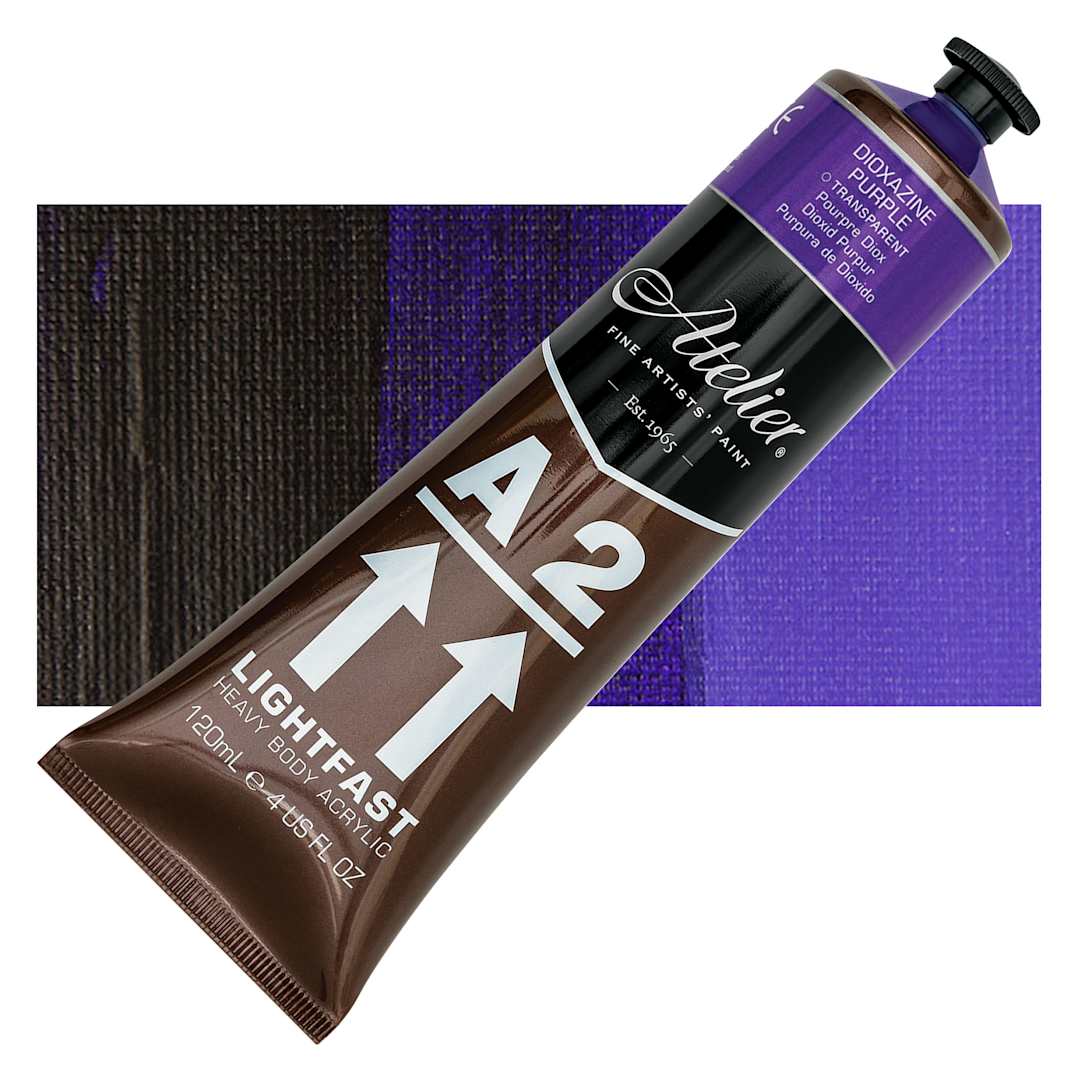 Open in modal - Chroma A2 Student Acrylic - Dioxazine Purple, 120 ml tube and swatch