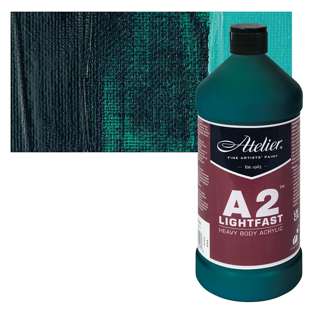 Open in modal - Chroma A2 Student Acrylics - Pthalo Green Hue, 1 L, Bottle with swatch
