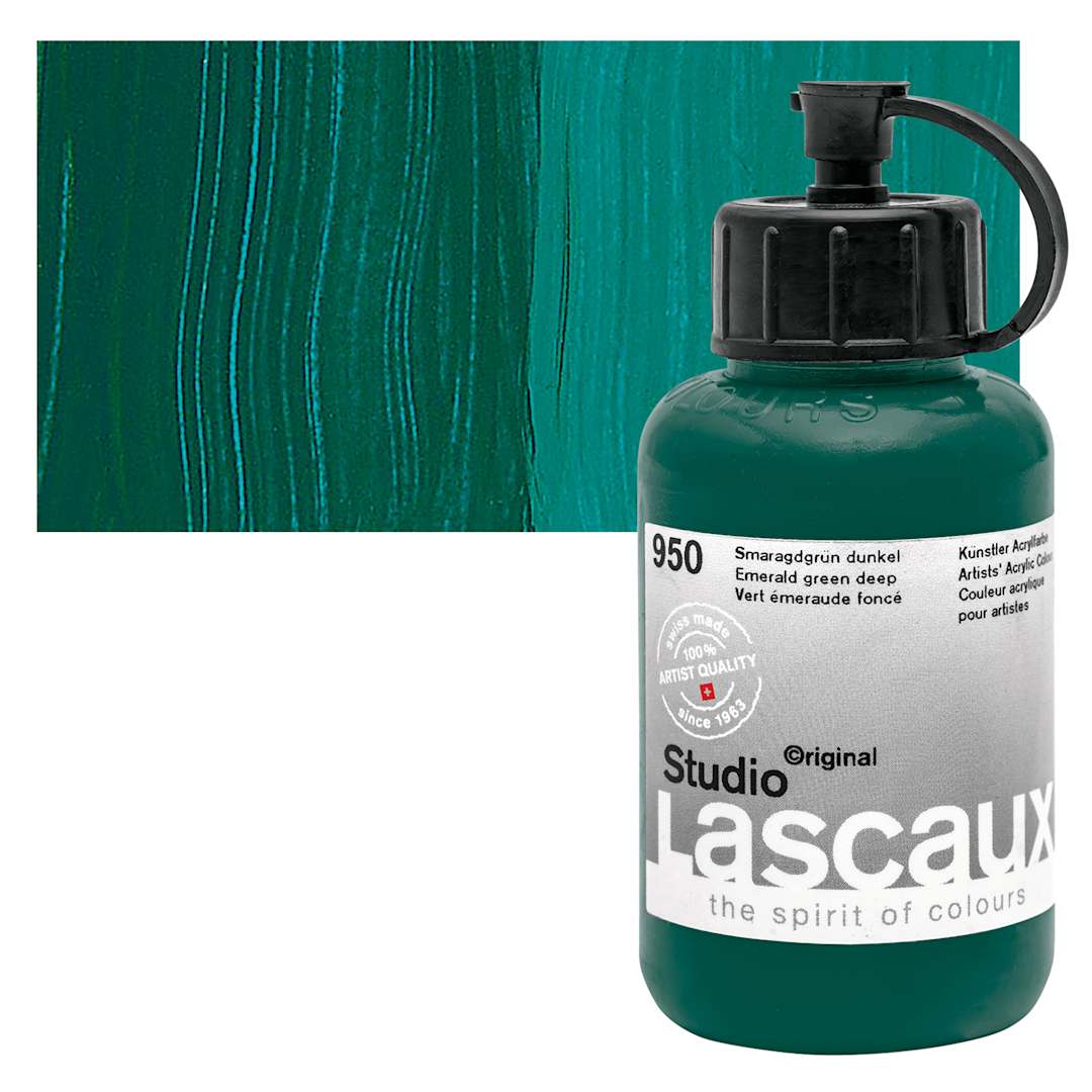 Open in modal - Lascaux Studio Acrylic - Emerald Green Deep, 85 ml bottle and swatch
