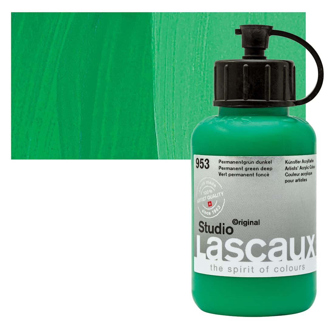 Open in modal - Lascaux Studio Acrylic - Permanent Green Deep, 85 ml bottle and swatch