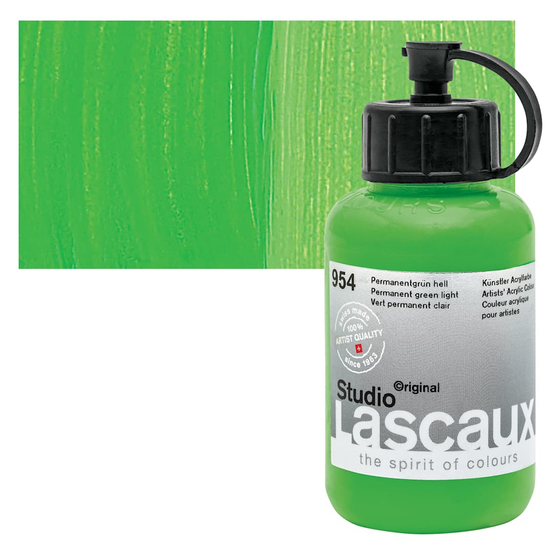 Open in modal - Lascaux Studio Acrylic - Permanent Green Light, 85 ml bottle and swatch