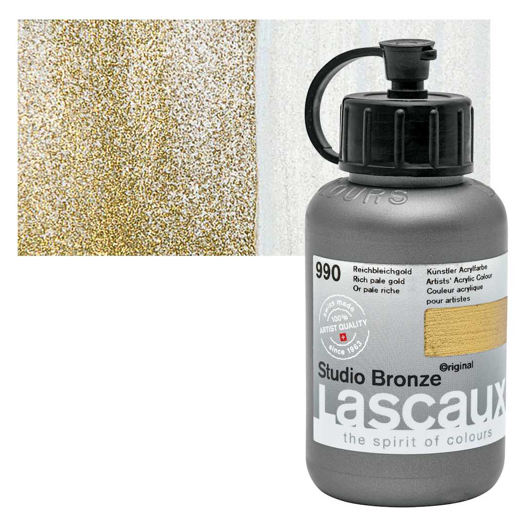 Open in modal - Lascaux Studio Bronze Acrylic - Rich Pale Gold, 85 ml bottle and swatch