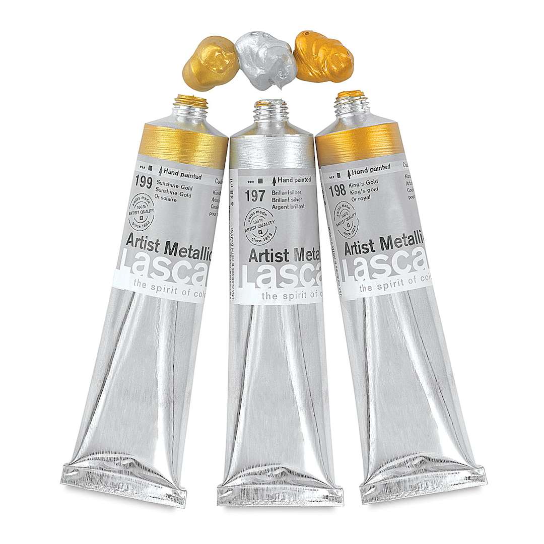 Open in modal - Lascaux Artist Acrylic Paint Set - Set of 3 Metallic Color Tubes shown upright with paint dabs