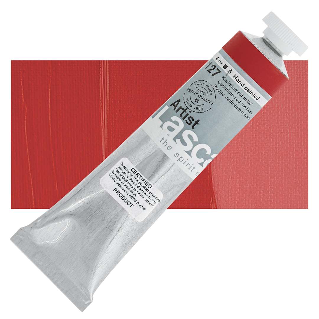 Open in modal - Lascaux Artist Acrylic - Cadmium Red Medium, 45 ml tube and swatch