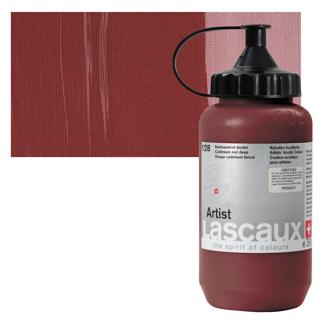Open in modal - Lascaux Artist Acrylic - Cadmium Red Deep, 390 ml Bottle and swatch