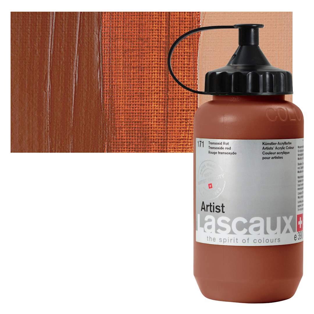 Open in modal - Lascaux Artist Acrylic - Transoxide Red, 390 ml Bottle and swatch