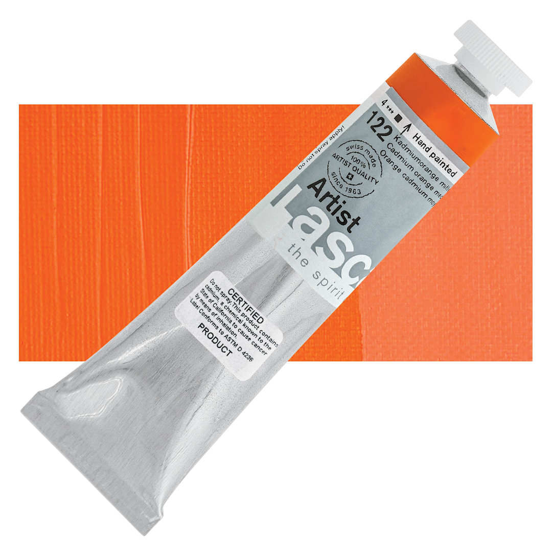 Open in modal - Lascaux Artist Acrylic - Cadmium Orange Medium, 45 ml tube and swatch