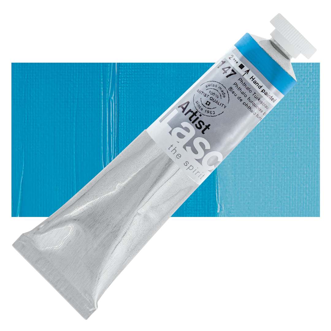 Open in modal - Lascaux Artist Acrylic - Phthalo Turquoise Blue, 45 ml tube and swatch