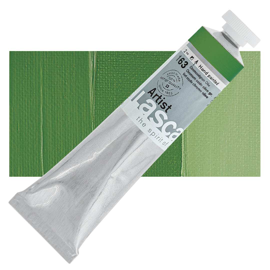 Open in modal - Lascaux Artist Acrylic - Chrome Oxide Olive Green, 45 ml tube and swatch