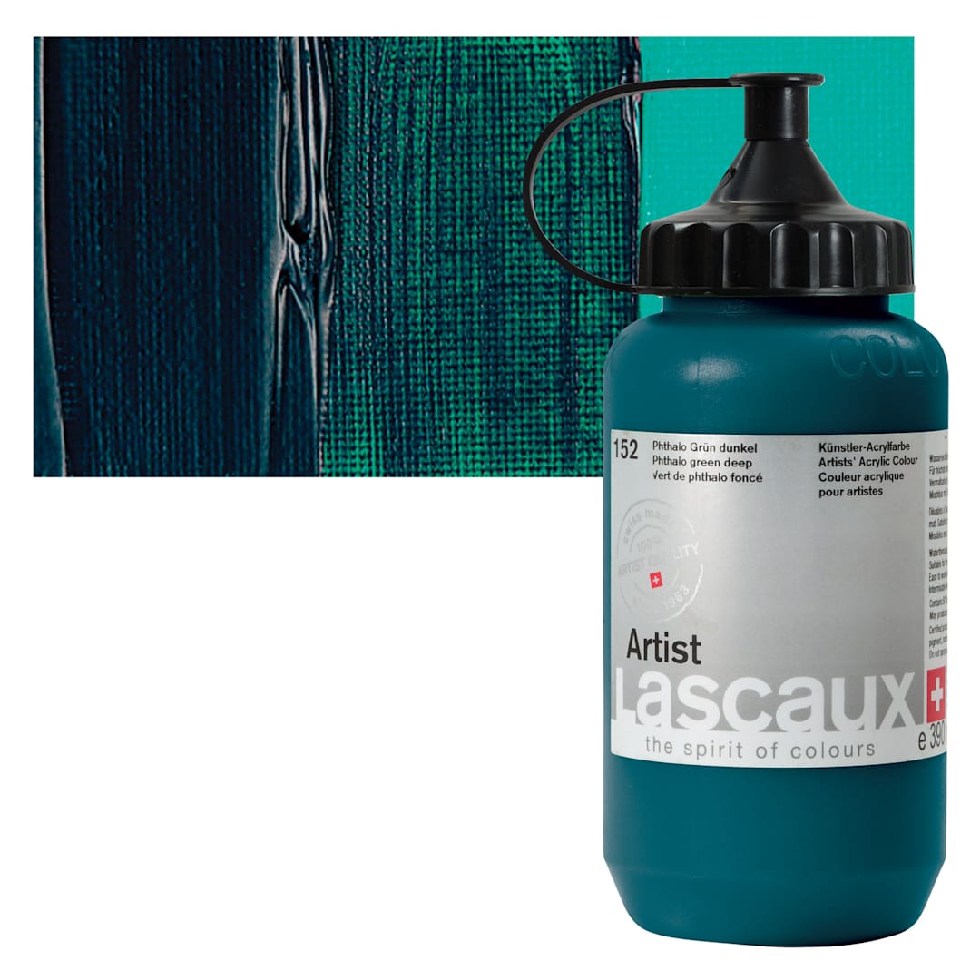 Open in modal - Lascaux Artist Acrylic - Phthalo Green Deep, 390 ml Bottle and swatch