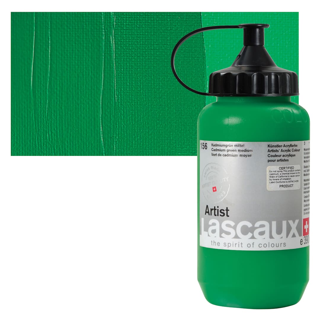 Open in modal - Lascaux Artist Acrylic - Cadmium Green Medium, 390 ml Bottle and swatch