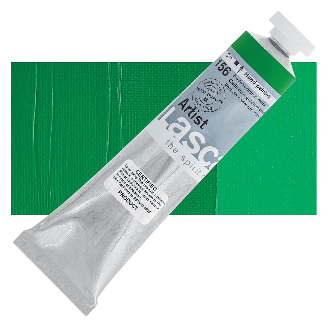 Open in modal - Lascaux Artist Acrylic - Cadmium Green Medium, 45 ml tube and swatch