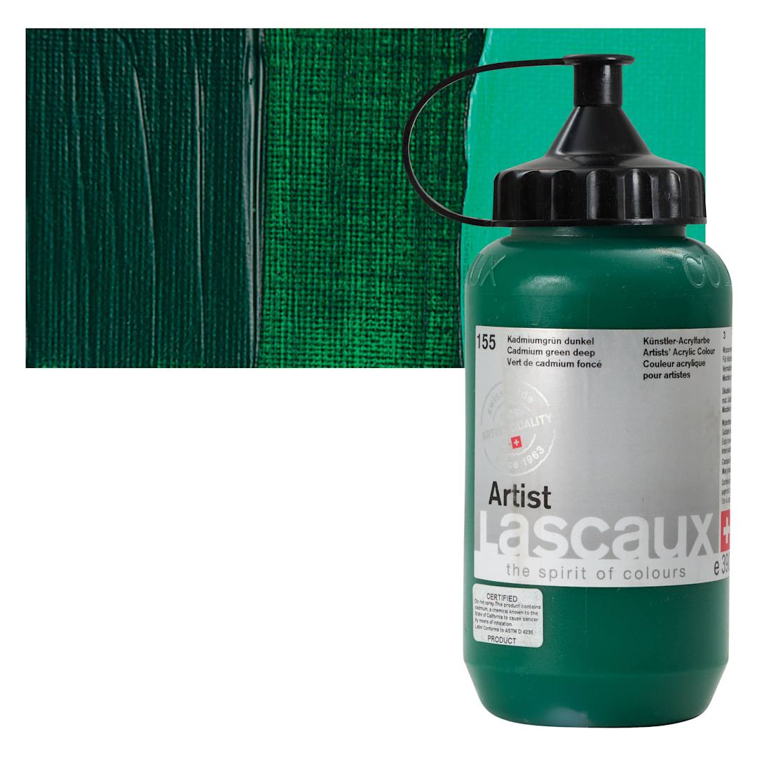 Open in modal - Lascaux Artist Acrylic - Cadmium Green Deep, 390 ml Bottle and swatch