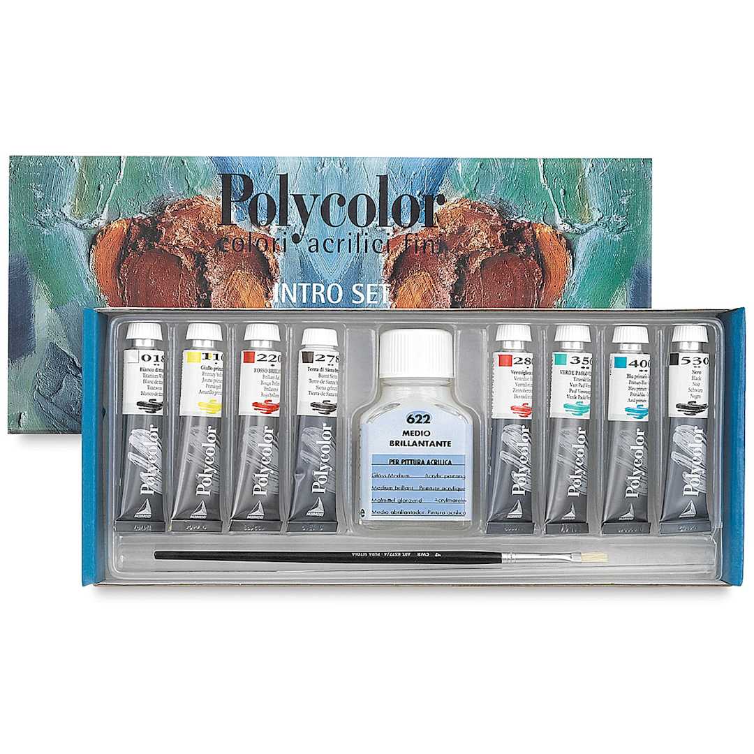 Open in modal - Maimeri Polycolor Vinyl Paints - Components of 8 pc Intro Set shown in open package tray 