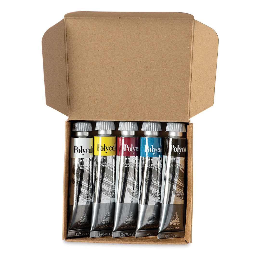 Open in modal - Maimeri Polycolor Vinyl Paint - Set of 5 Primary Colors shown in open package