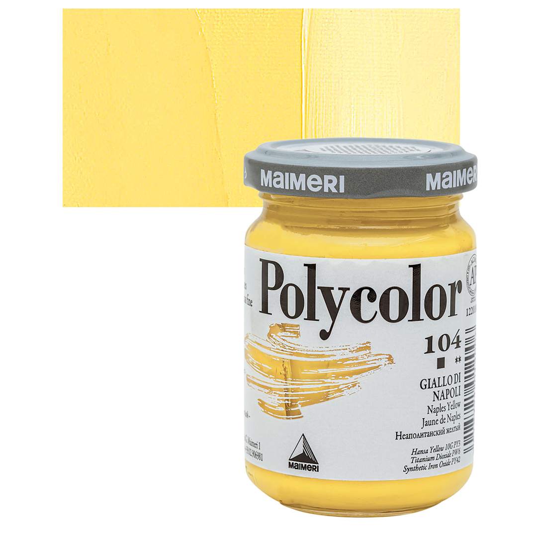 Open in modal - Maimeri Polycolor Vinyl Paint - Naples Yellow, 140 ml Jar and swatch