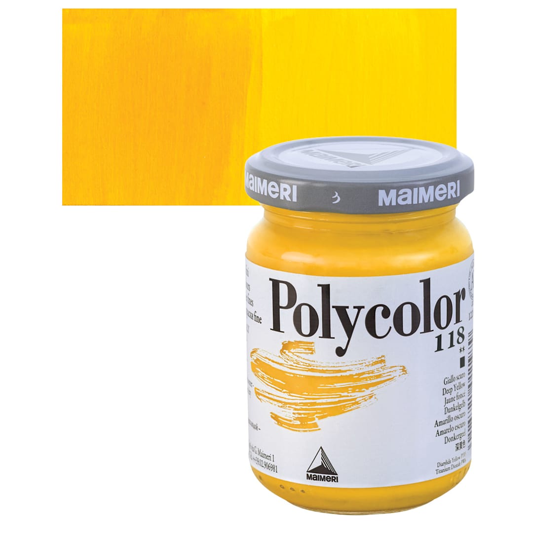 Open in modal - Maimeri Polycolor Vinyl Paint - Deep Yellow, 140 ml Jar and swatch