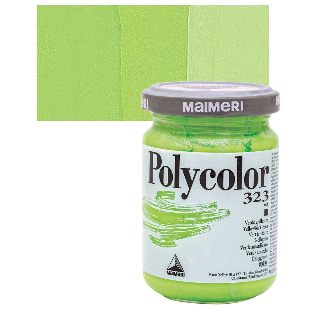 Open in modal - Maimeri Polycolor Vinyl Paint - Yellowish Green, 140 ml jar and swatch