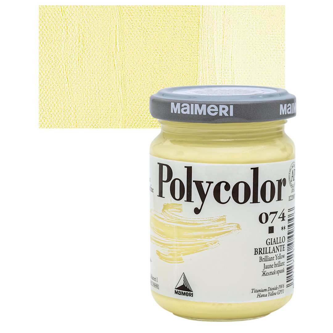 Open in modal - Maimeri Polycolor Vinyl Paint - Brilliant Yellow, 140 ml jar and swatch