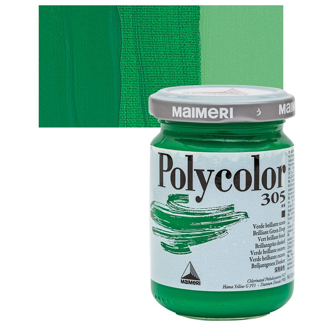 Open in modal - Maimeri Polycolor Vinyl Paint - Brilliant Green Deep, 140 ml jar and swatch