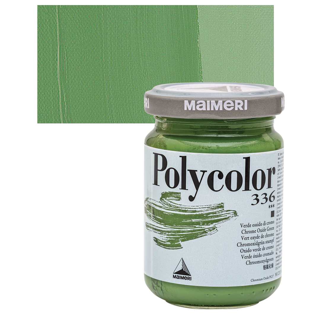 Open in modal - Maimeri Polycolor Vinyl Paint - Chrome Oxide Green, 140 ml jar and swatch