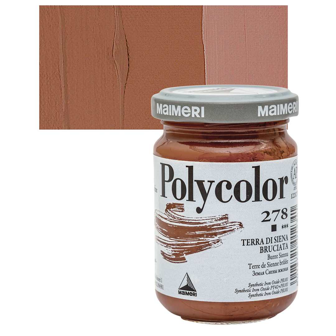 Open in modal - Maimeri Polycolor Vinyl Paint - Burnt Sienna, 140 ml jar and swatch