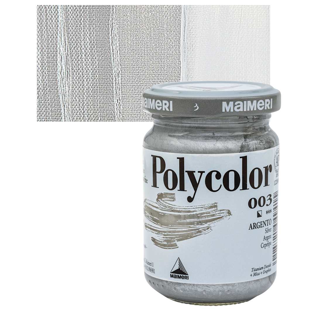 Open in modal - Maimeri Polycolor Vinyl Paint - Silver, 140 ml jar and swatch
