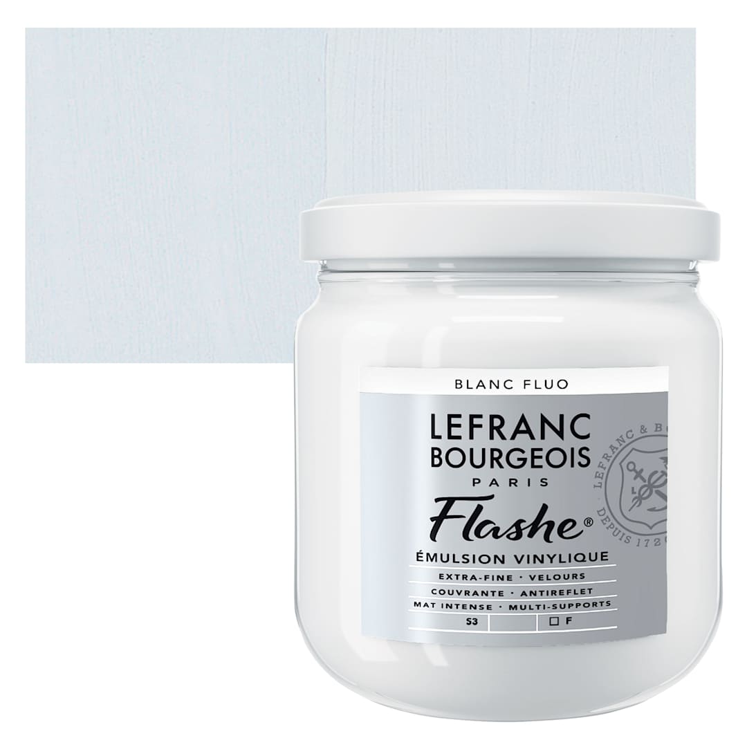 Open in modal - Lefranc & Bourgeois Flashe Vinyl Paint - Fluorescent White, 400 ml jar and swatch