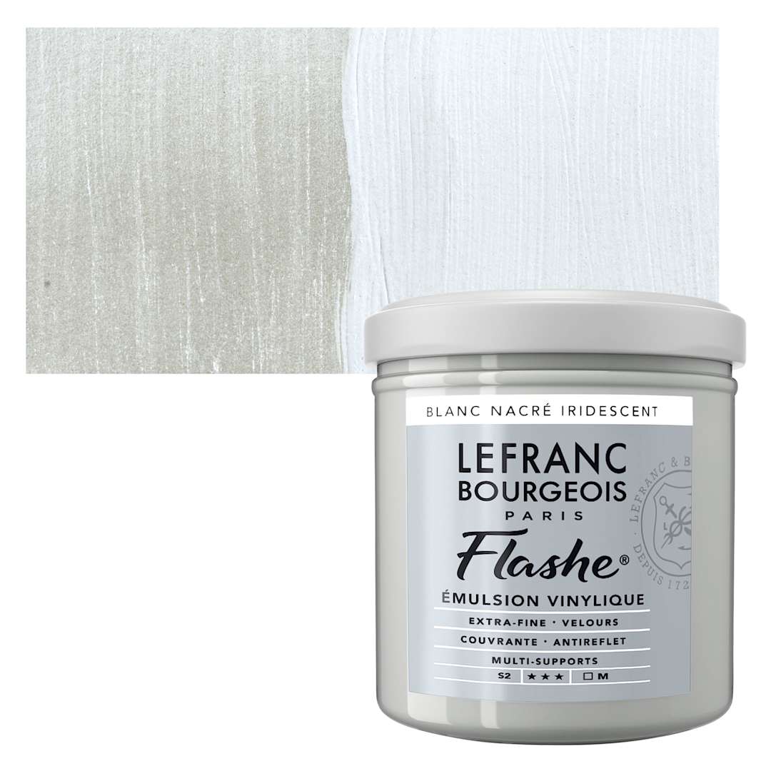 Open in modal - Lefranc & Bourgeois Flashe Vinyl Paint - Iridescent Pearl White, 125 ml jar and swatch