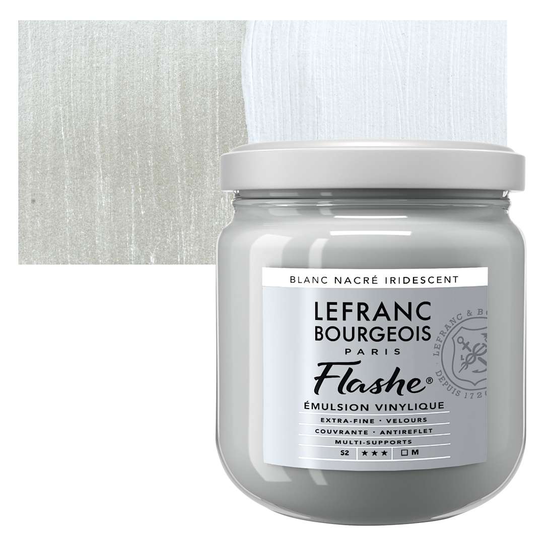 Open in modal - Lefranc & Bourgeois Flashe Vinyl Paint -  Iridescent Pearl White, 400 ml jar and swatch