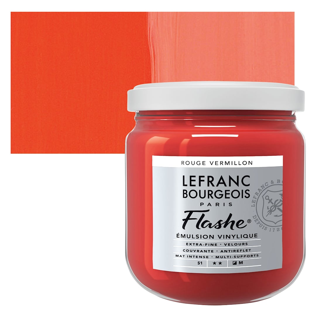 Open in modal - Lefranc & Bourgeois Flashe Vinyl Paint - Red Vermilion, 400 ml jar and swatch