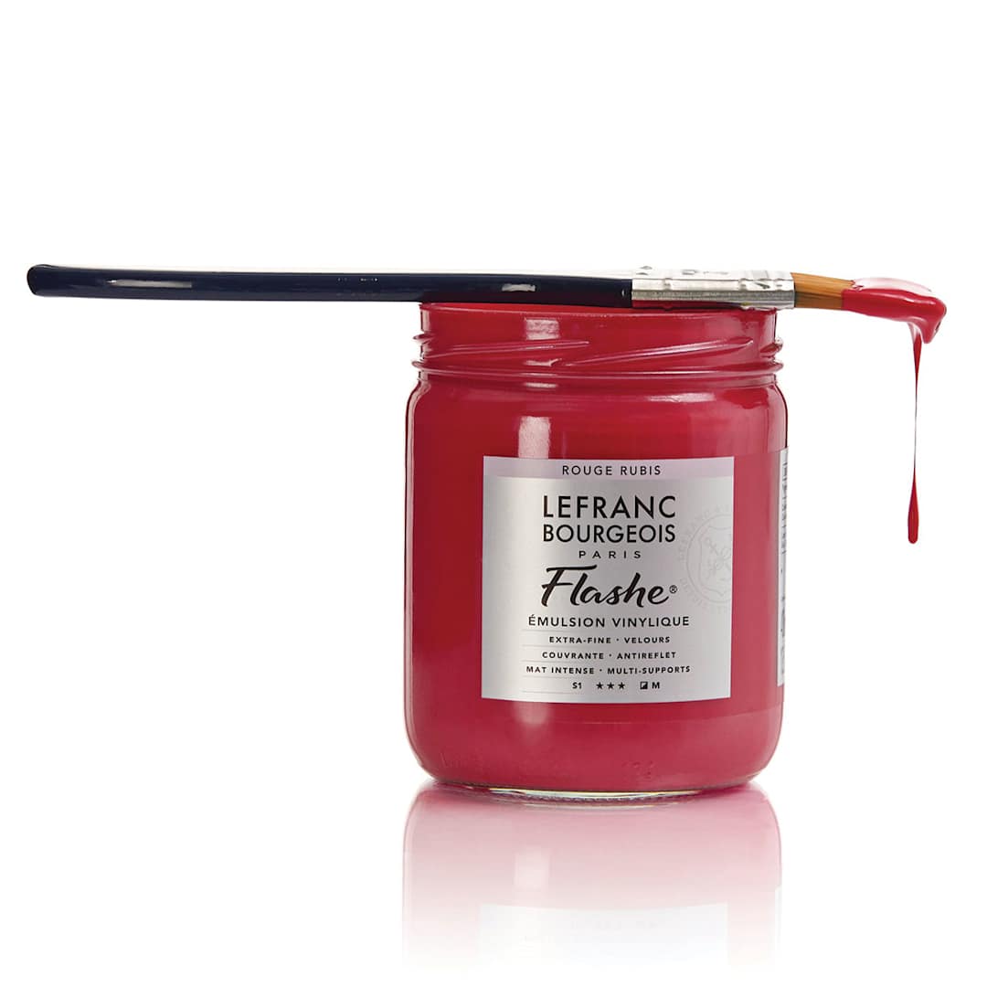 Open in modal - Lefranc Bourgeois Flashe Vinyl Paint - Dripping Paint brush sitting on Red paint jar