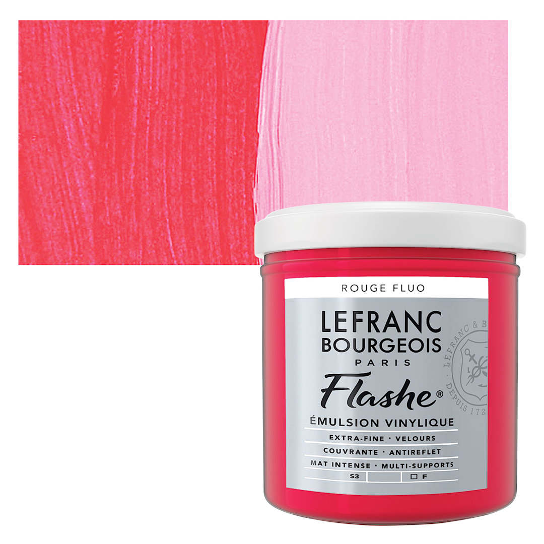 Open in modal - Lefranc & Bourgeois Flashe Vinyl Paint - Fluorescent Red, 125 ml jar and swatch