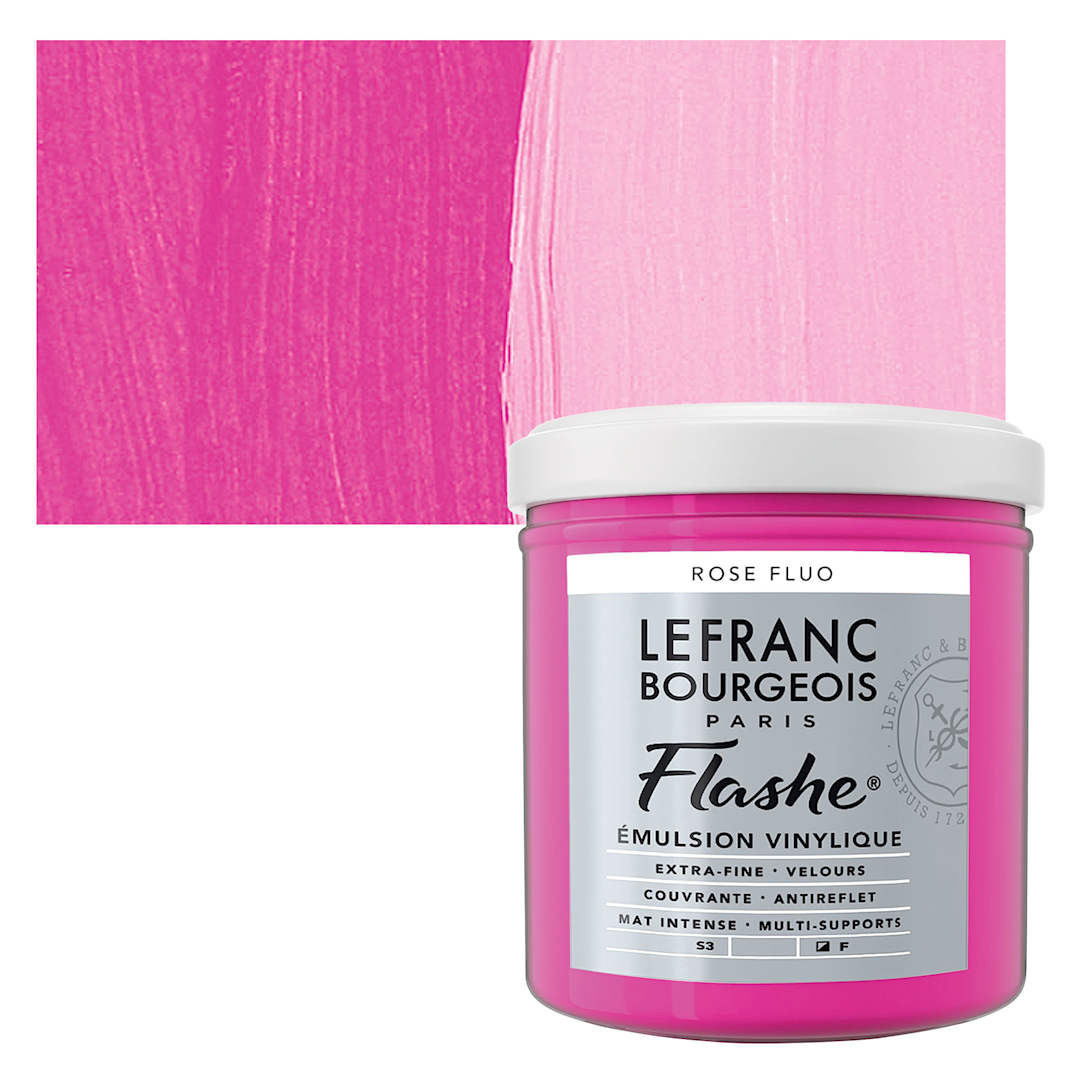 Open in modal - Lefranc & Bourgeois Flashe Vinyl Paint - Fluorescent Pink, 125 ml jar and swatch