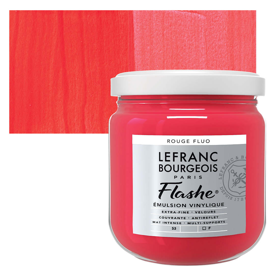 Open in modal - Lefranc & Bourgeois Flashe Vinyl Paint - Fluorescent Red, 400 ml jar and swatch