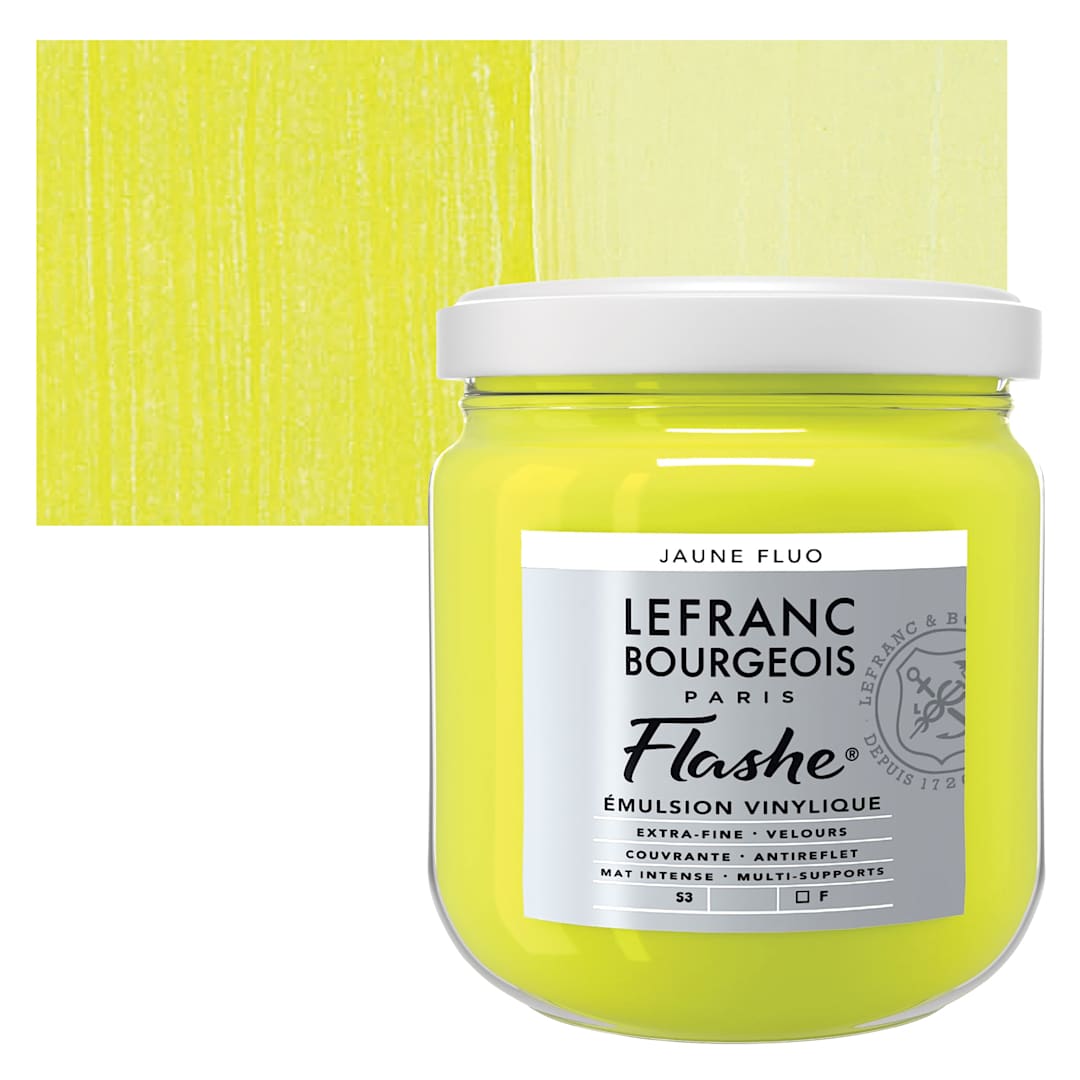 Open in modal - Lefranc & Bourgeois Flashe Vinyl Paint - Fluorescent Yellow, 400 ml jar and swatch