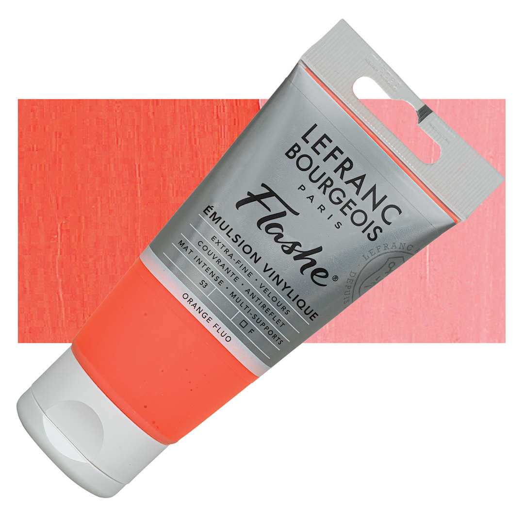 Open in modal - Lefranc & Bourgeois Flashe Vinyl Paint - Fluorescent Orange, 80 ml tube tube and swatch