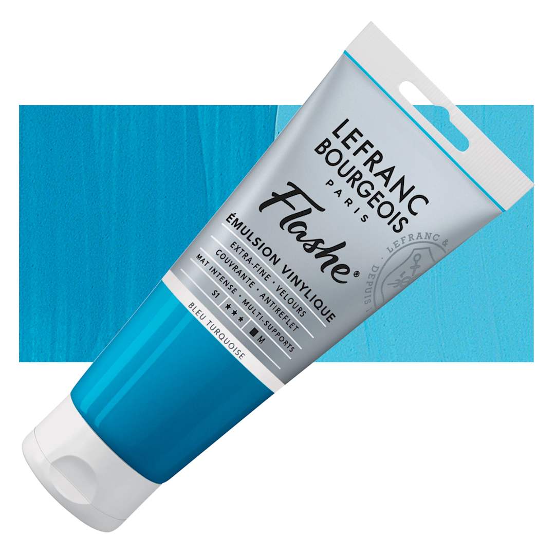 Open in modal - Lefranc & Bourgeois Flashe Vinyl Paint - Turquoise Blue, 80 ml tube and swatch