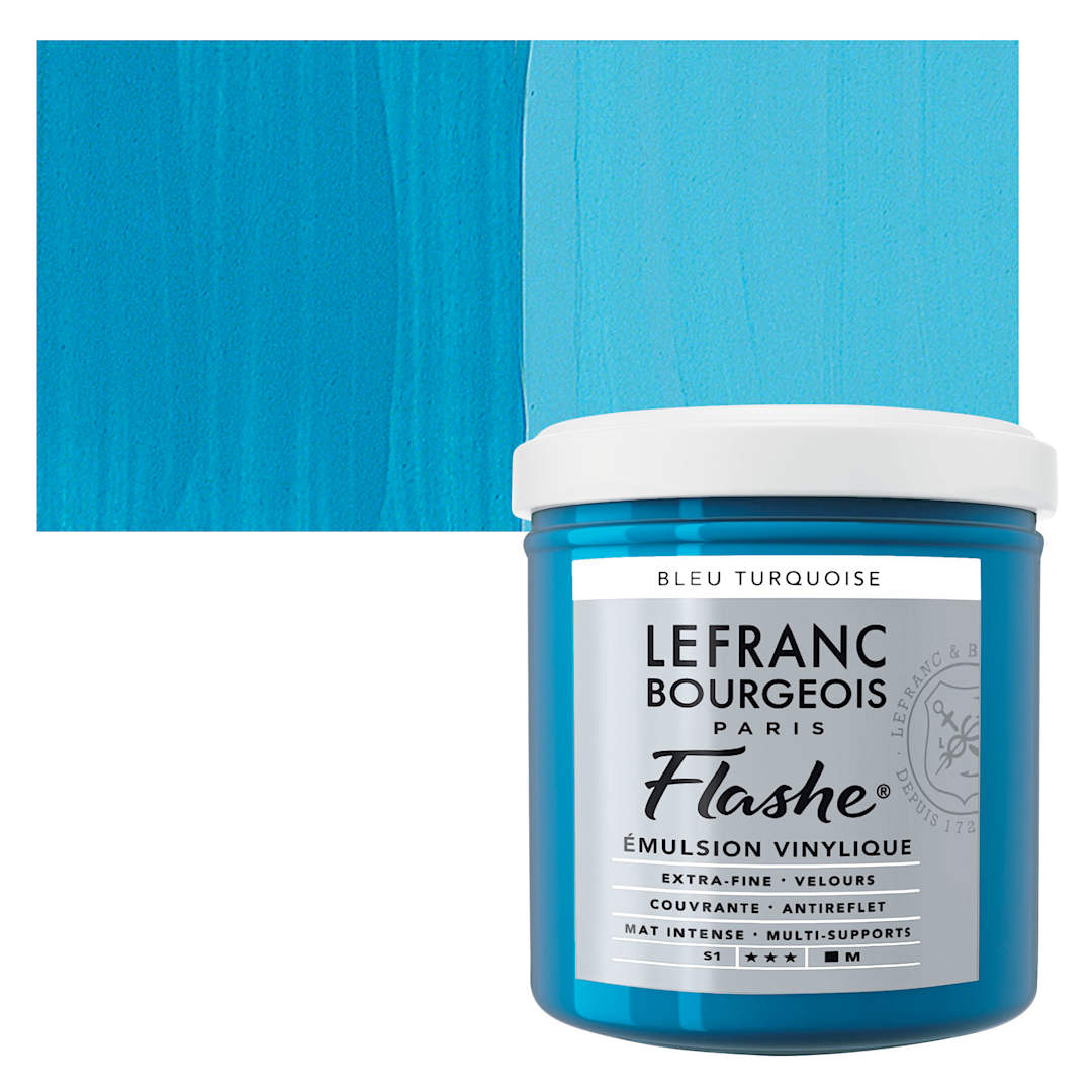 Open in modal - Lefranc & Bourgeois Flashe Vinyl Paint - Turquoise Blue, 125 ml jar and swatch