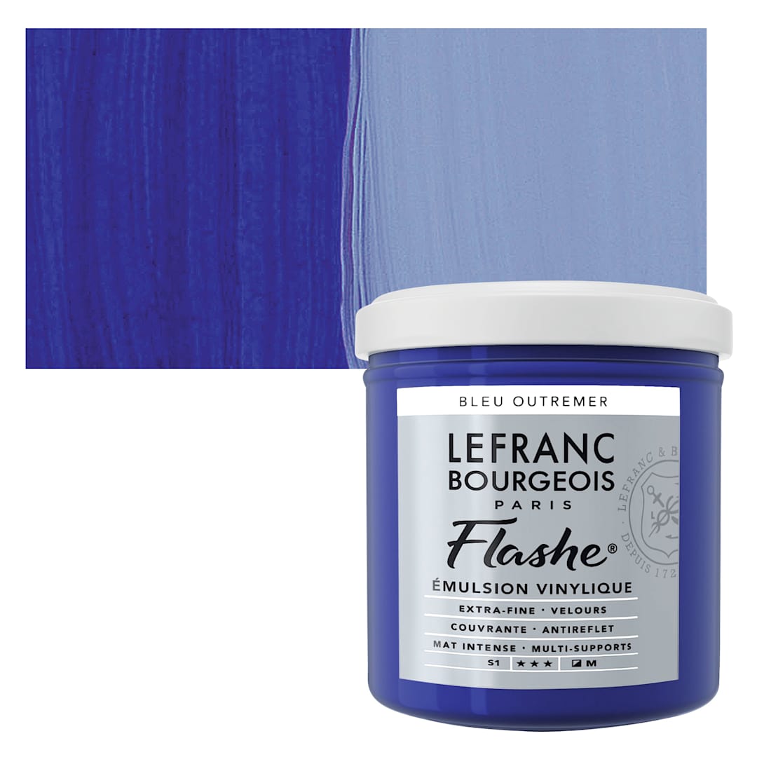 Open in modal - Lefranc & Bourgeois Flashe Vinyl Paint - Ultramarine Blue, 125 ml jar and swatch