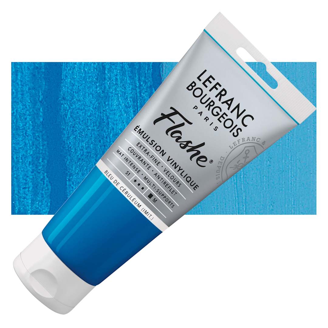 Open in modal - Lefranc & Bourgeois Flashe Vinyl Paint - Cerulean Blue Hue, 80 ml tube and swatch